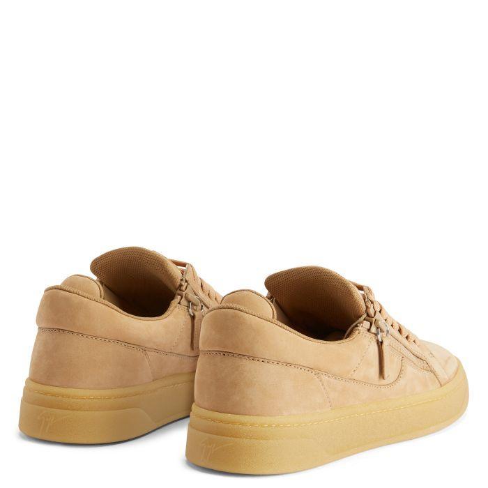 Giuseppe Zanotti GZ94 White Nubuck Low-Top Sneakers with Side Zippers and Honey Rubber Sole