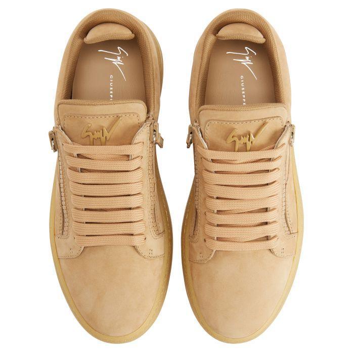 Giuseppe Zanotti GZ94 White Nubuck Low-Top Sneakers with Side Zippers and Honey Rubber Sole