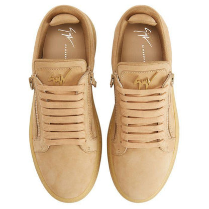 Giuseppe Zanotti GZ94 White Nubuck Low-Top Sneakers with Side Zippers and Honey Rubber Sole