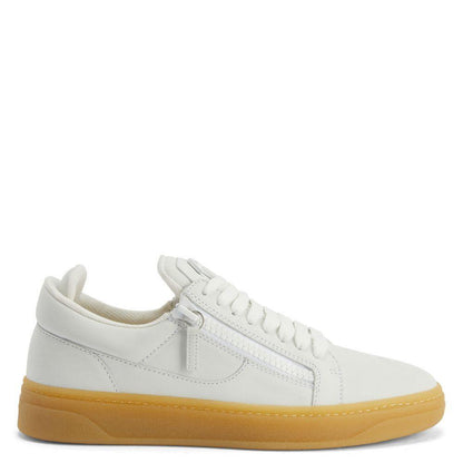 Giuseppe Zanotti GZ94 White Nubuck Low-Top Sneakers with Side Zippers and Honey Rubber Sole