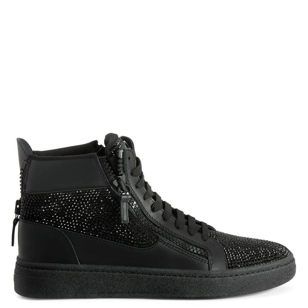 Giuseppe Zanotti GZ94 High-Top Sneakers with Black Rhinestone Embroidery and Suede-Effect Finish