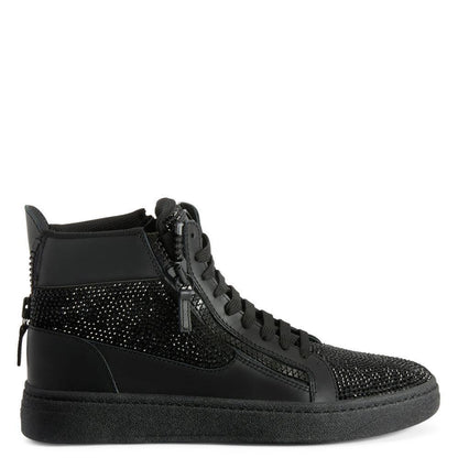 Giuseppe Zanotti GZ94 High-Top Sneakers with Black Rhinestone Embroidery and Suede-Effect Finish