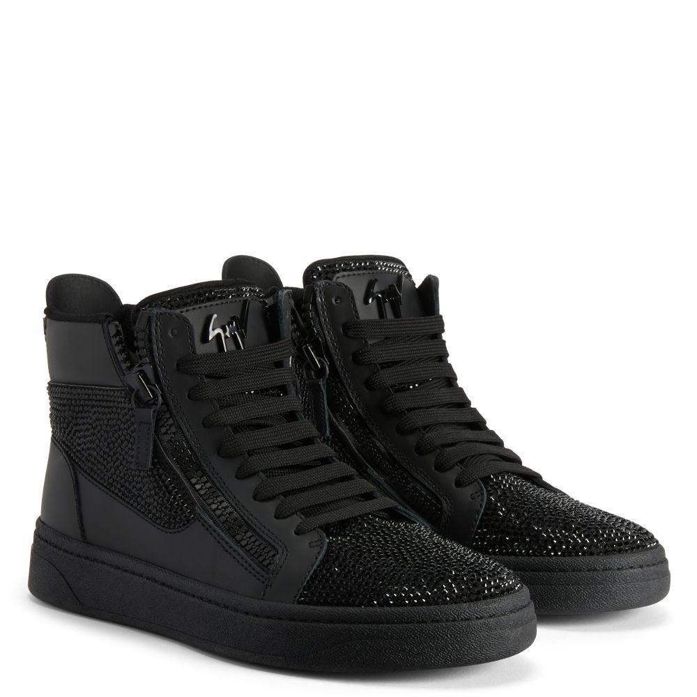 Giuseppe Zanotti GZ94 High-Top Sneakers with Black Rhinestone Embroidery and Suede-Effect Finish