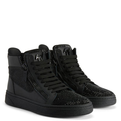 Giuseppe Zanotti GZ94 High-Top Sneakers with Black Rhinestone Embroidery and Suede-Effect Finish