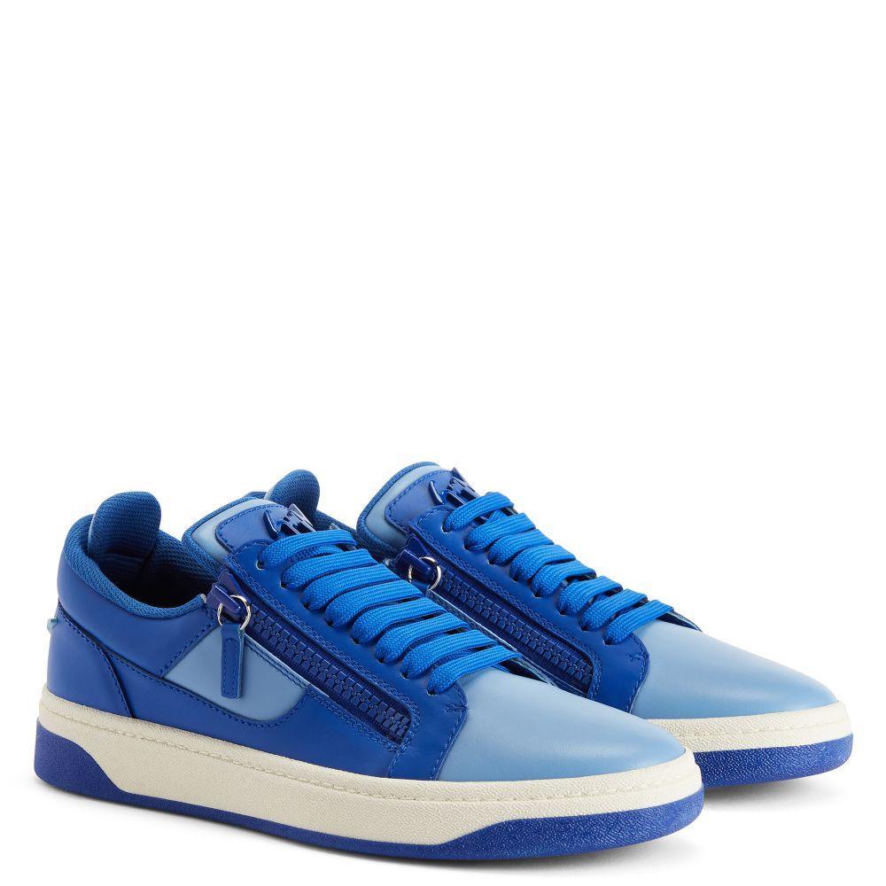 Giuseppe Zanotti GZ94 Sneakers in Cornflower-Blue Leather with Unique Graffio Appliqué