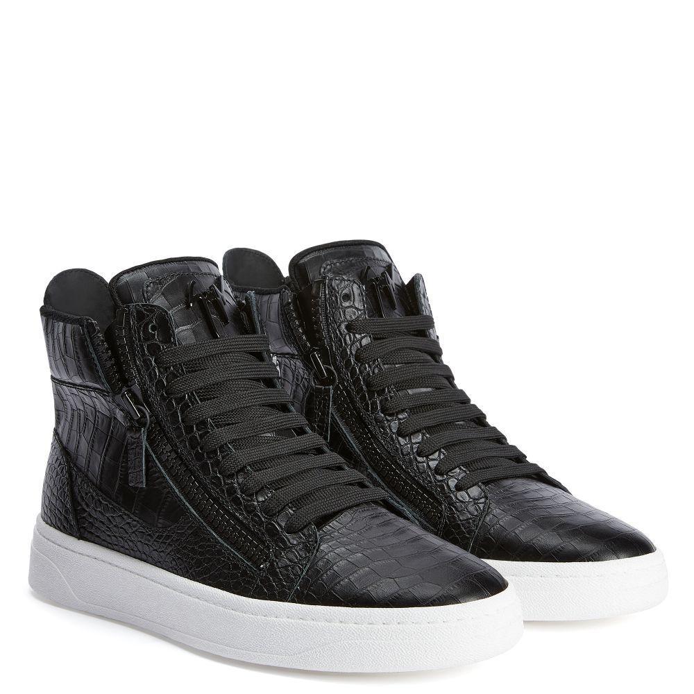 Giuseppe Zanotti GZ94 High-Top Sneakers in Black Crocodile-Print Leather with Metal Signature Detail