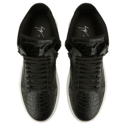 Giuseppe Zanotti GZ94 High-Top Sneakers in Black Crocodile-Print Leather with Metal Signature Detail