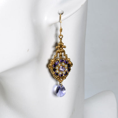 Vintage Brass Earrings with Swarovski Crystals & Amethyst Glass