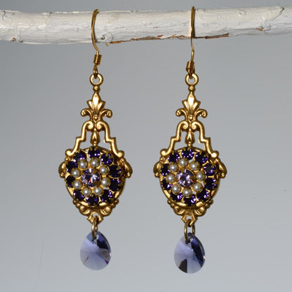 Vintage Brass Earrings with Swarovski Crystals & Amethyst Glass