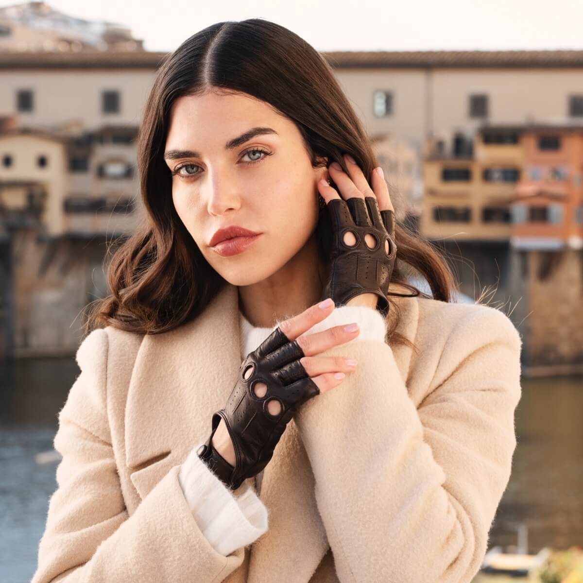 Rossana (dark brown) - Italian fingerless lambskin leather driving gloves — photo 2 of 10