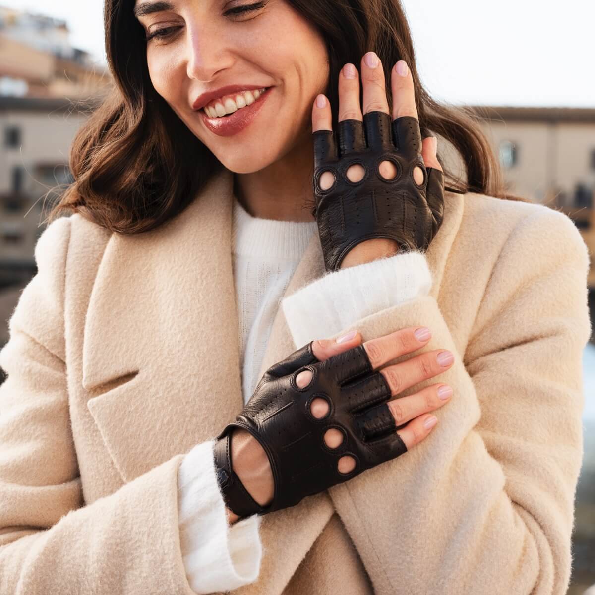 Rossana (dark brown) - Italian fingerless lambskin leather driving gloves — photo 3 of 10