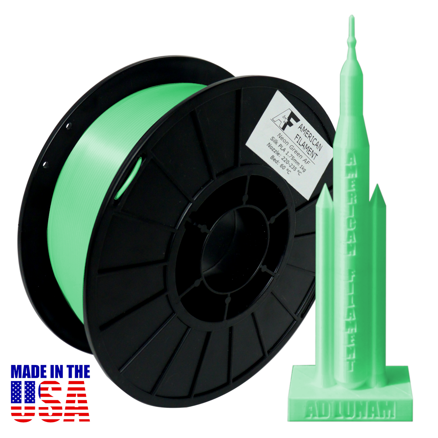 Neongrünes AF Seiden-PLA 3D-Drucker-Filament, 1,75 mm Durchmesser, 1 kg Spule