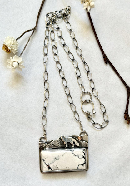 White Buffalo Turquoise Mountain Necklace | Fox and Moon Sterling Silver Pendant | Stand Collection