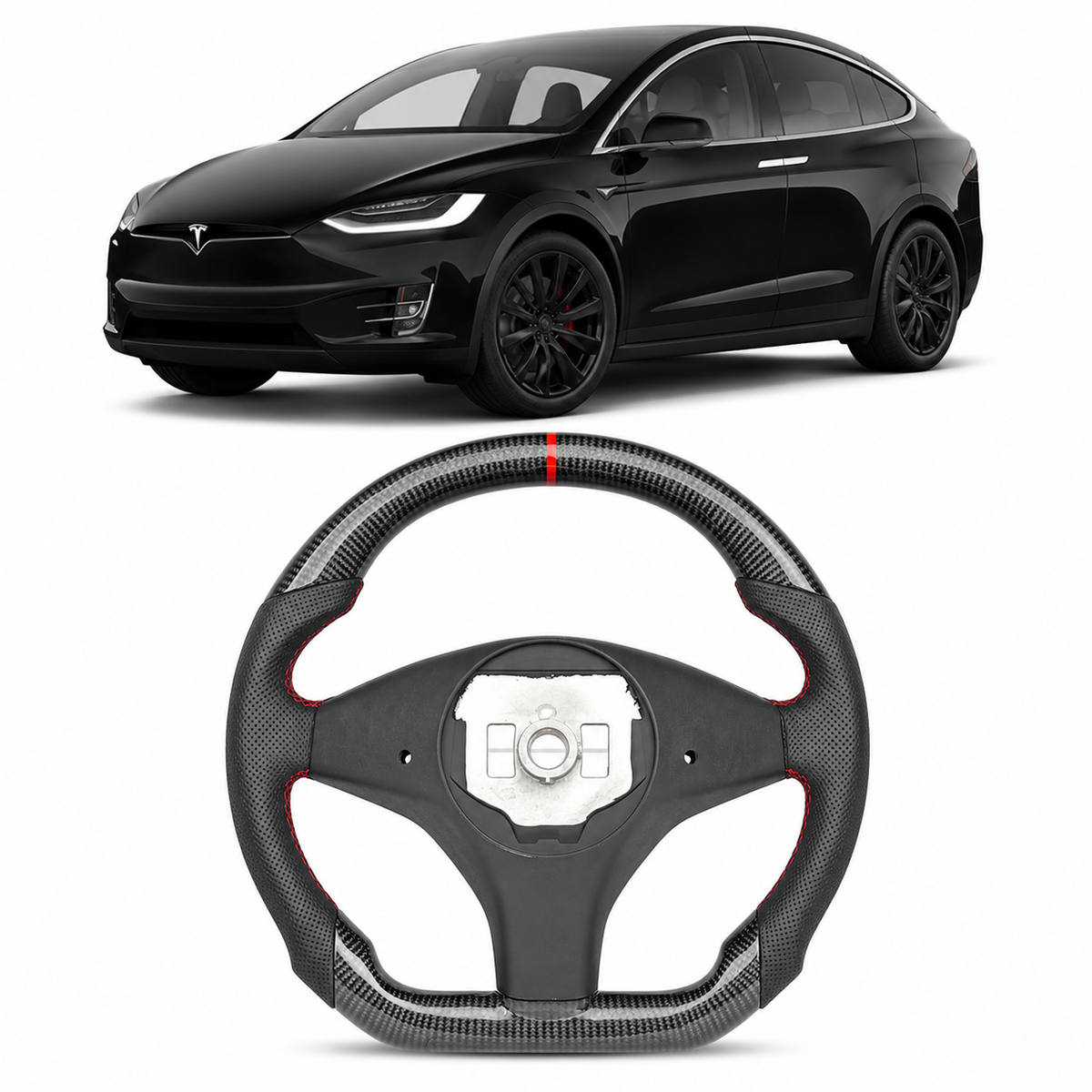 Real Carbon Fiber Sport Steering Wheel for Tesla Model S 2014–2020 & Model X 2016–2020 Black Leather Heated