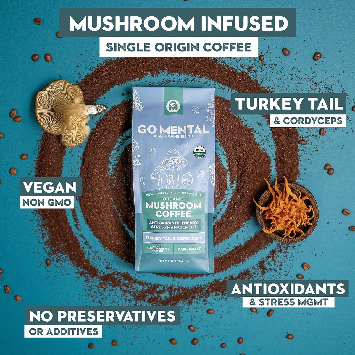 Turkey Tail & Cordyceps Mushroom Coffee Adaptogens Blend