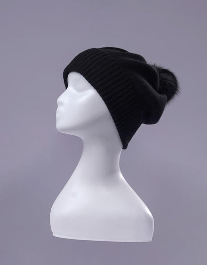 Erdenet: Slouch Pom Hat- 100% Mongolian Cashmere and Real Rabbit Fur