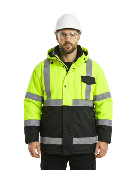 Kiwi High Visibility Hooded & Quilt Lined ANSI/ISEA 107-2020, Type R, Class 3 Two Tone Water Resistant Neon Safety Jacket [71300]