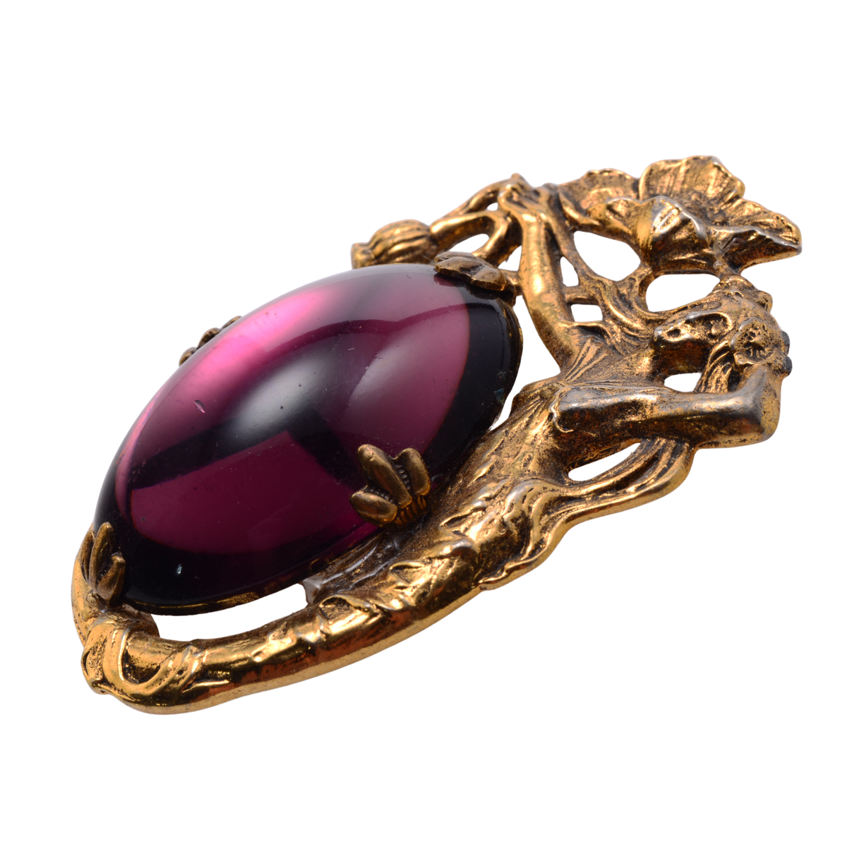 Vintage Art Nouveau Violet Crystal Base Metal Brooch - 33x52mm Statement Pin