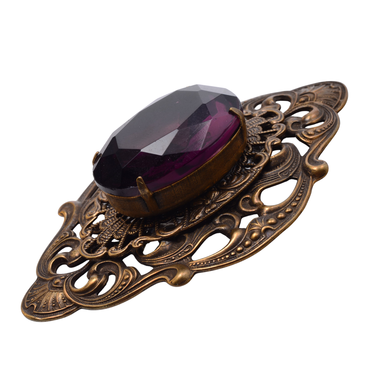 Vintage Art Nouveau Brass Brooch with Violet Crystal - 52x77mm Statement Pin