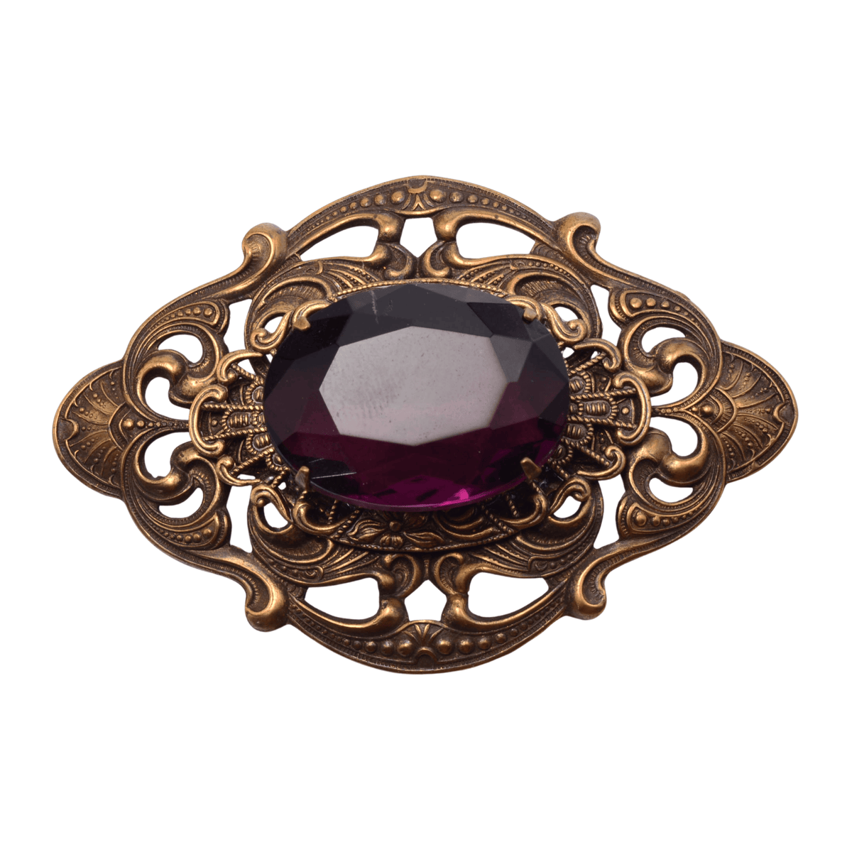 Vintage Art Nouveau Brass Brooch with Violet Crystal - 52x77mm Statement Pin