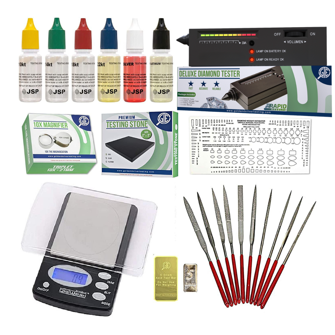 Test-Kit für Gold, Silber und Platin 10K-24K JSP Säuren, Diamantentester, Digitalwaage, Lupe, Feilen & Prüfstäbe
