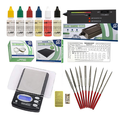 Test-Kit für Gold, Silber und Platin 10K-24K JSP Säuren, Diamantentester, Digitalwaage, Lupe, Feilen & Prüfstäbe