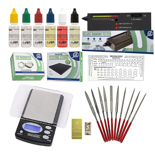 Gold, Silver, & Platinum Testing Kit 10K-24K JSP Acids, Diamond Tester, Digital Scale, Magnifier Loupe, Files & Test Bars