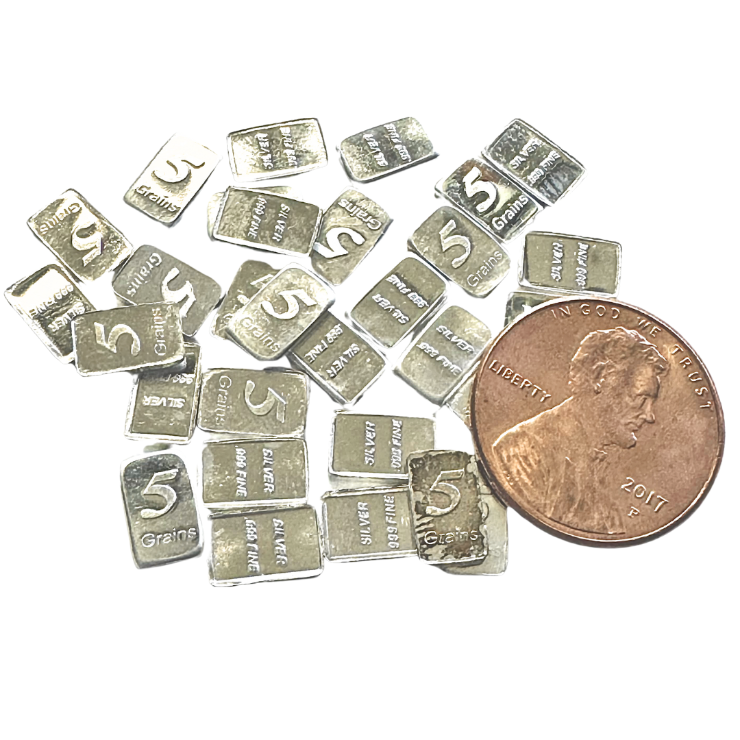 Juego de 5 barras de plata pura sólida – .999 fina, 5 granos cada una, más de 1 gramo en total