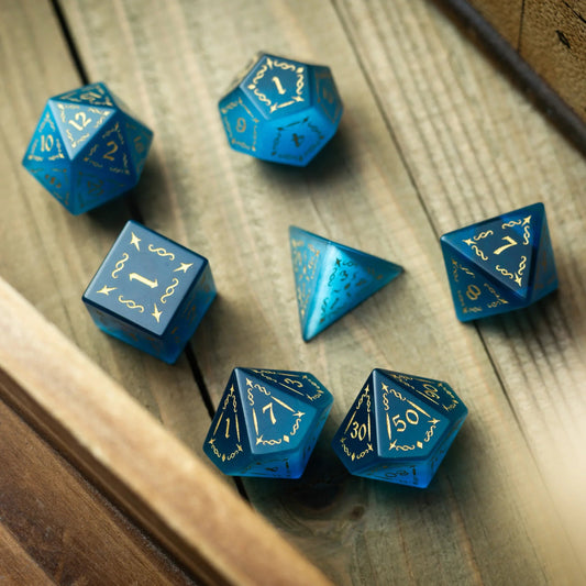 Juego de dados de DND de piedra de ojo de gato azul gema con pinchos de vid