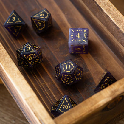 Juego de dados DND de amatista púrpura con gema de espiga de vid