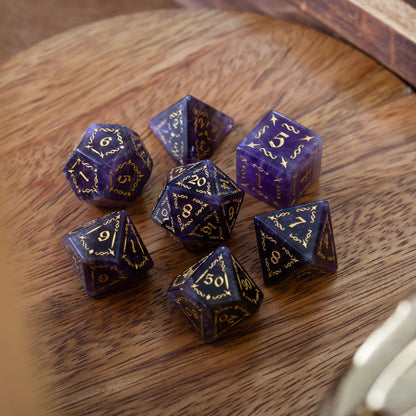 Juego de dados DND de amatista púrpura con gema de espiga de vid