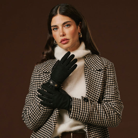Violetta (black) - Italian tweed women's gloves with touchscreen capability and adjustable snap button — photo 1 of 10