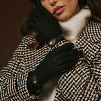 Violetta (black) - Italian tweed women's gloves with touchscreen capability and adjustable snap button — photo 7 of 10