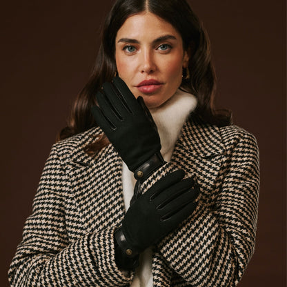 Violetta (black) - Italian tweed women's gloves with touchscreen capability and adjustable snap button — photo 9 of 10
