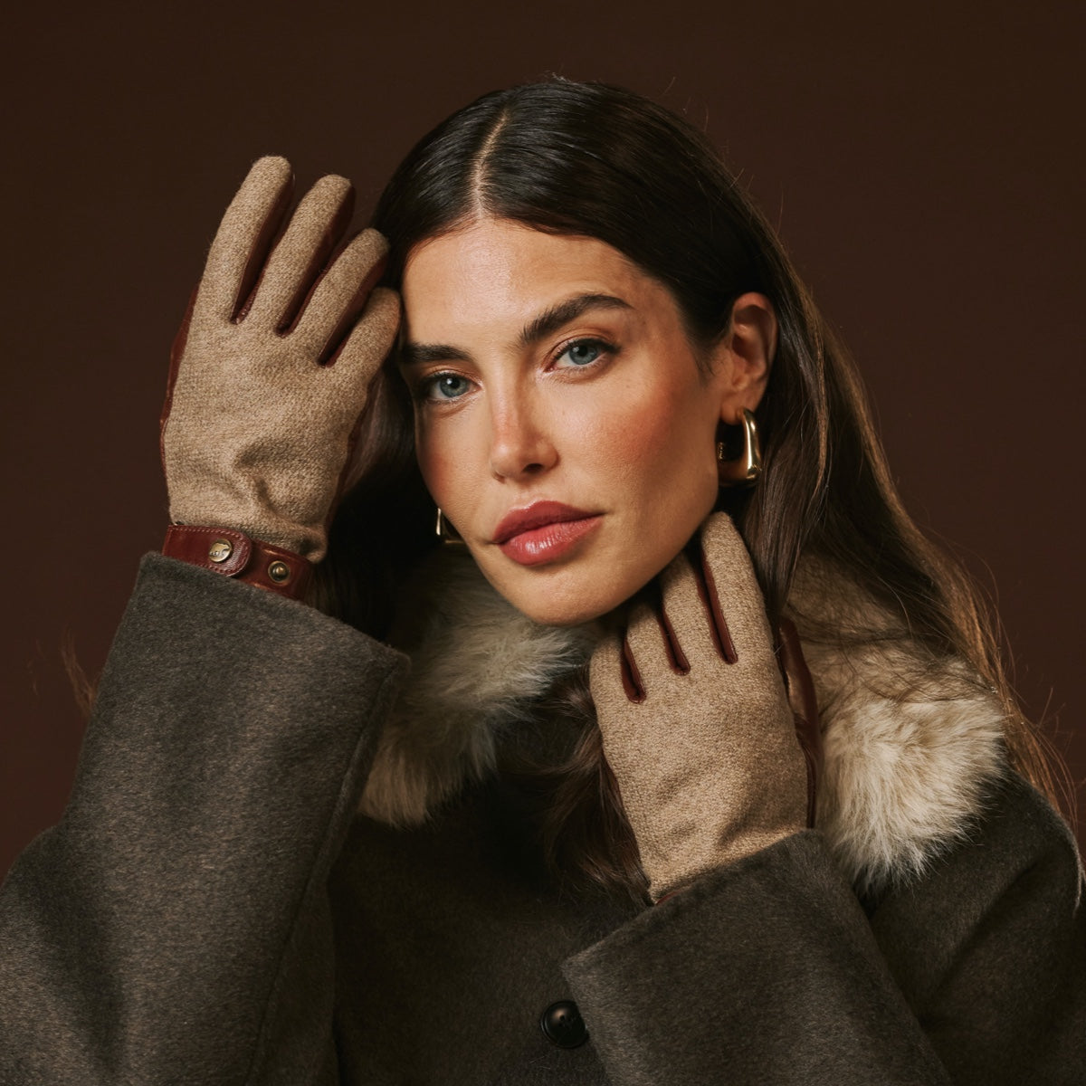 Violetta (brown) - Italian tweed women's gloves with touchscreen capability and adjustable snap button — photo 1 of 10