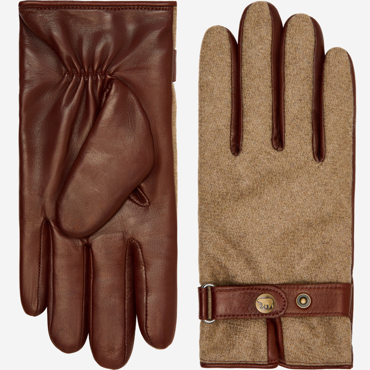 Violetta (brown) - Italian tweed women's gloves with touchscreen capability and adjustable snap button — photo 2 of 10
