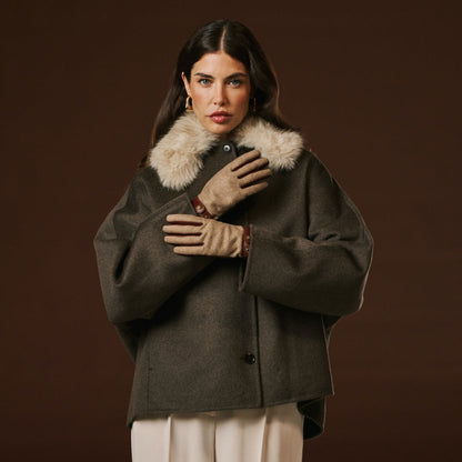 Violetta (brown) - Italian tweed women's gloves with touchscreen capability and adjustable snap button — photo 9 of 10