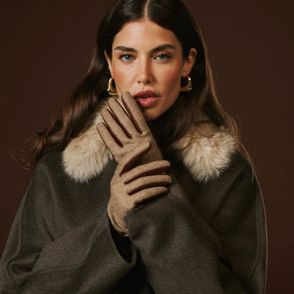 Violetta (brown) - Italian tweed women's gloves with touchscreen capability and adjustable snap button