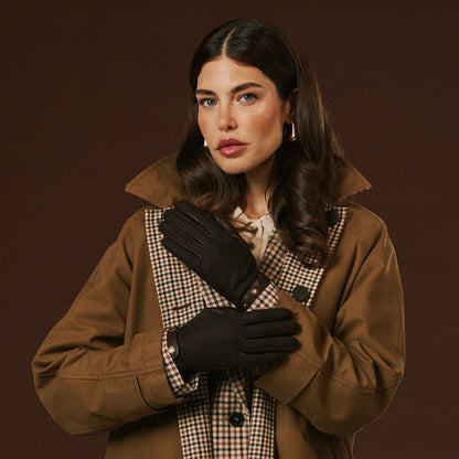 Violetta (dark brown) - Italian tweed women's gloves with touchscreen capability and adjustable snap button — photo 2 of 10