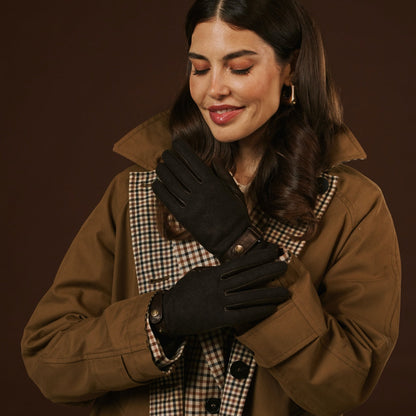 Violetta (dark brown) - Italian tweed women's gloves with touchscreen capability and adjustable snap button — photo 10 of 10