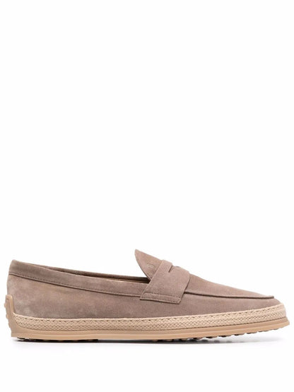 TOD'S Suede Loafers with Rubber Outsole and Raffia Piping