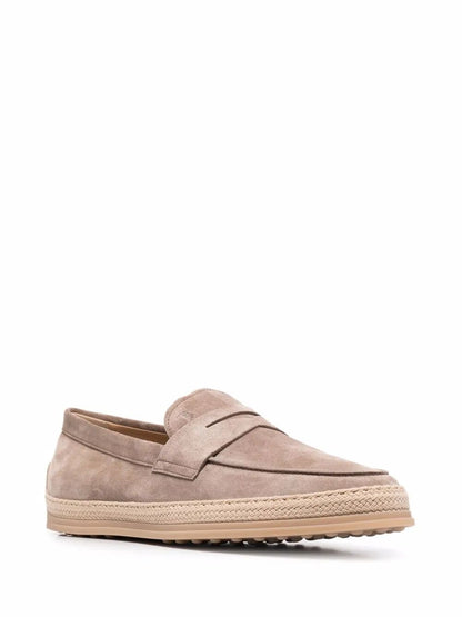 TOD'S Suede Loafers with Rubber Outsole and Raffia Piping