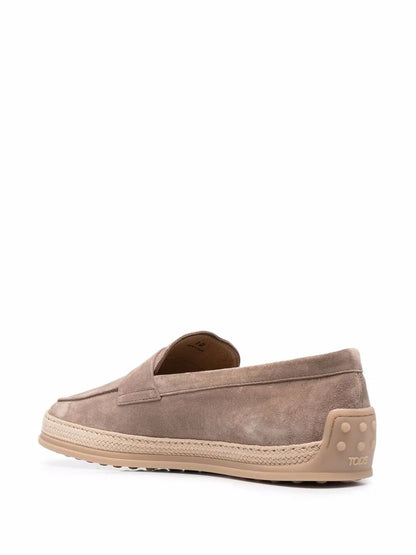 TOD'S Suede Loafers with Rubber Outsole and Raffia Piping