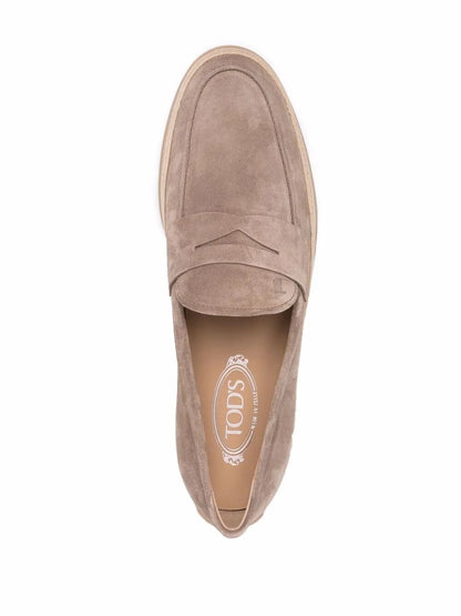 TOD'S Suede Loafers with Rubber Outsole and Raffia Piping