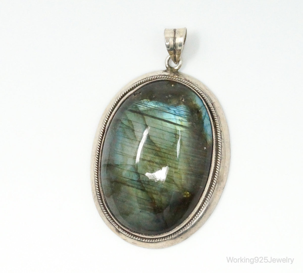 Vintage Large Labradorite Sterling Silver Necklace Pendant