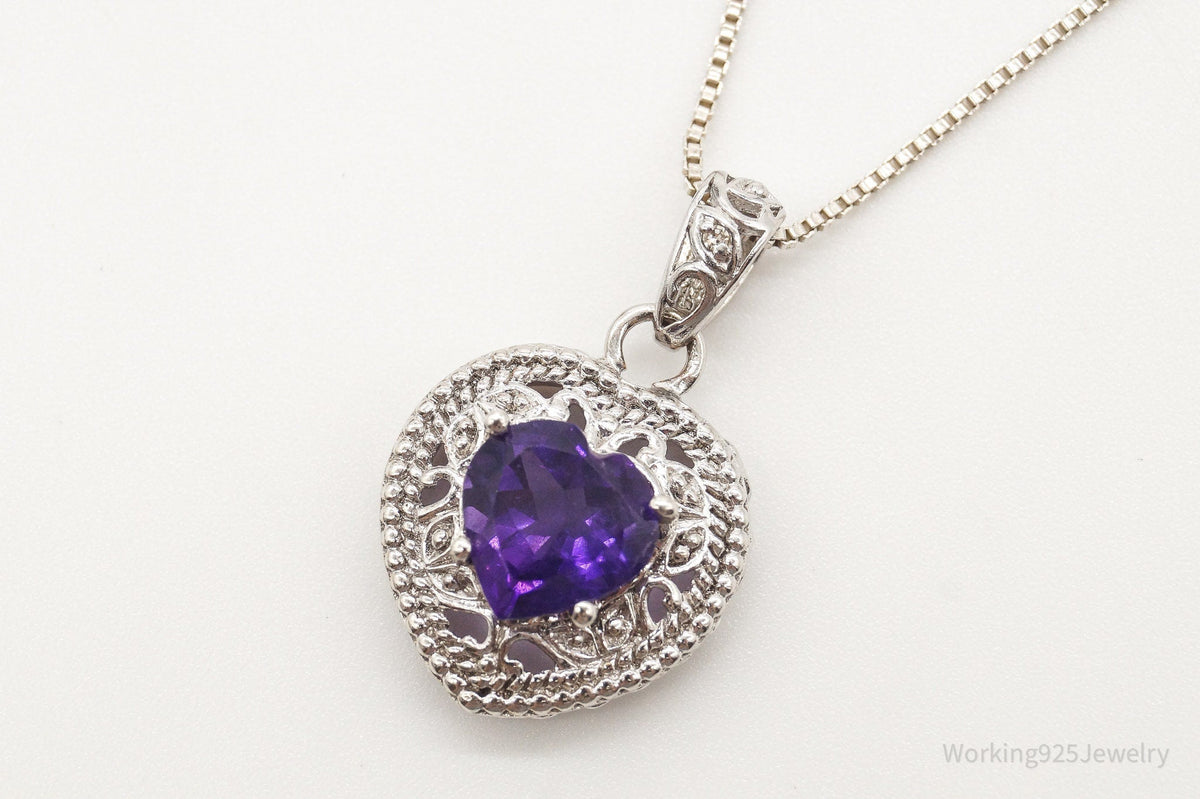 Vintage Amethyst Cubic Zirconia Heart Sterling Silver Necklace