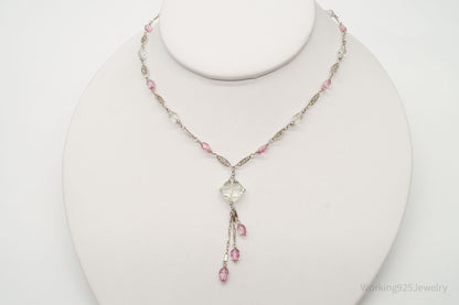 Vintage Prasiolite Pink Topaz Seed Pearls Sterling Silver Necklace