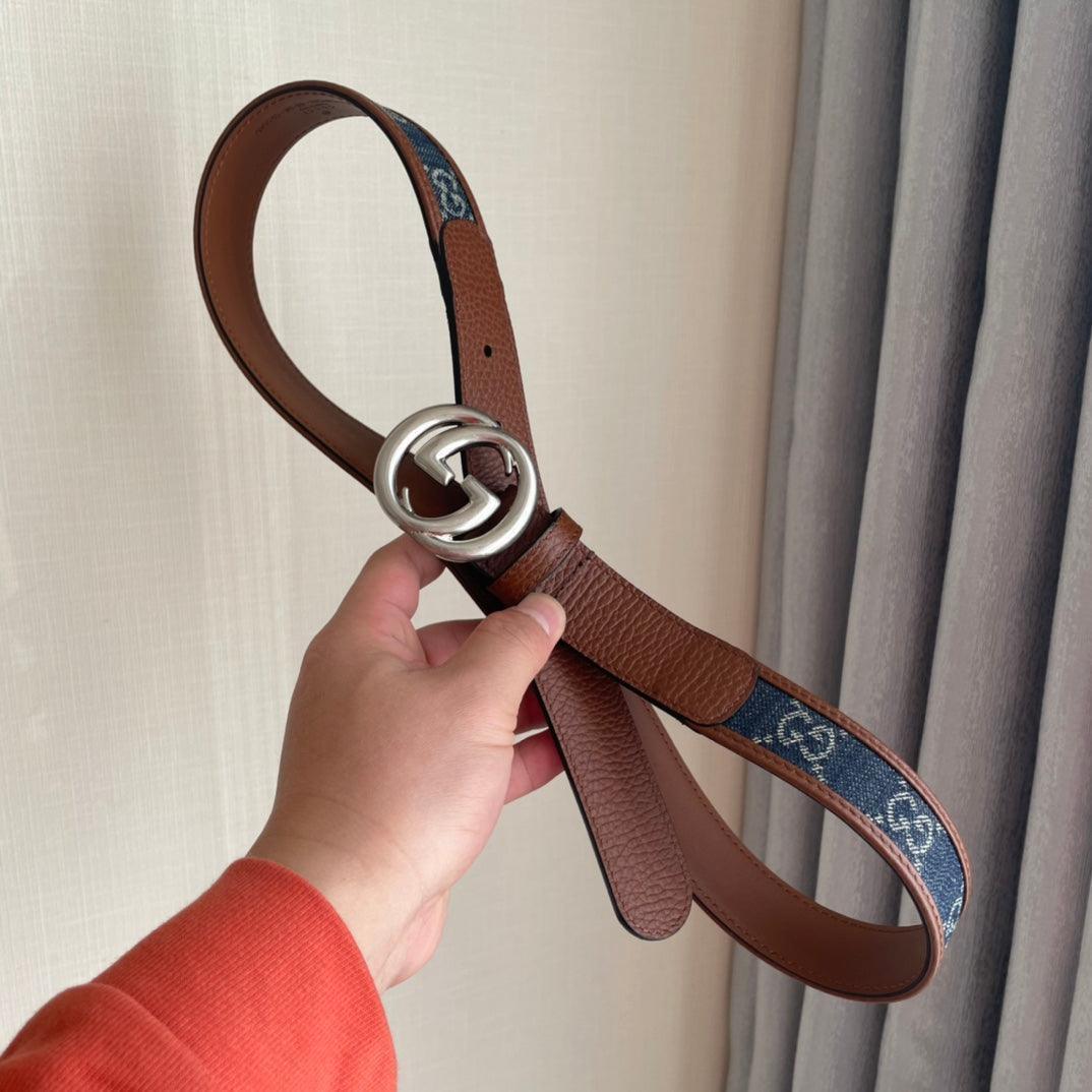 GUCCI Embellished coated-canvas and leather belt 'Brown/Blue'