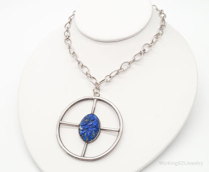 Antique Lapis Lazuli Modernist Style Large Pendant Silver Necklace