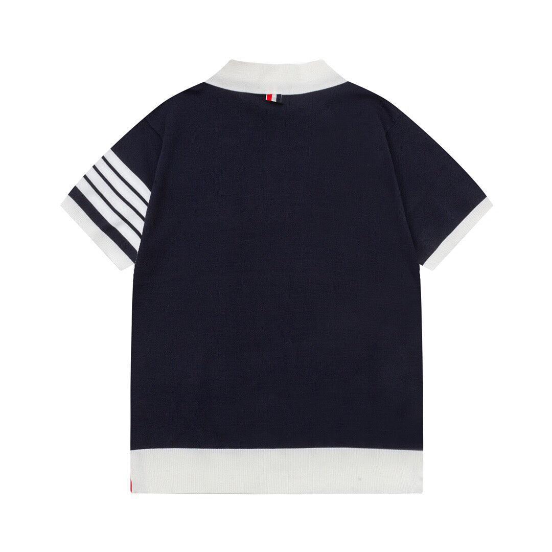 Thom Browne Navy Blue & White T-Shirt with Collar